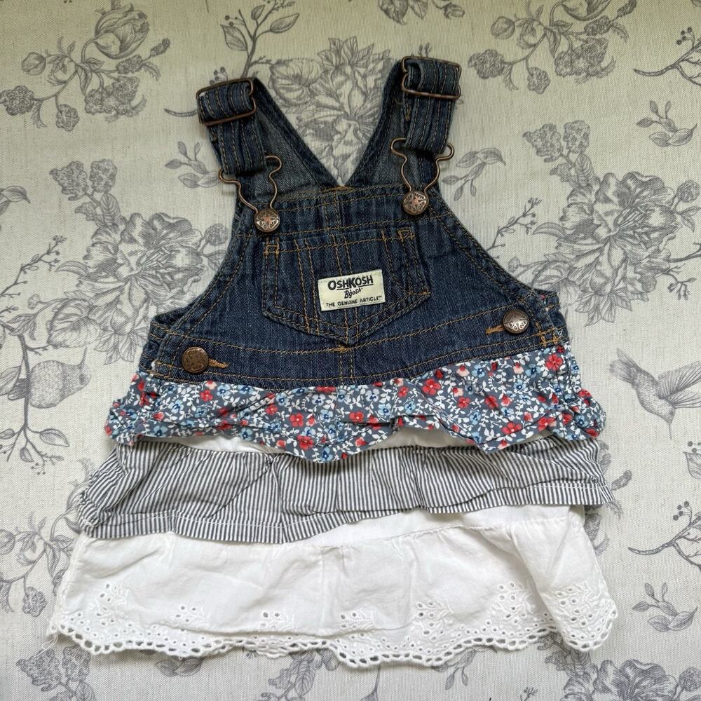 OshKosh B'gosh Baby Girls Floral Lace Tier Overall Dress 6 Months Denim Jean